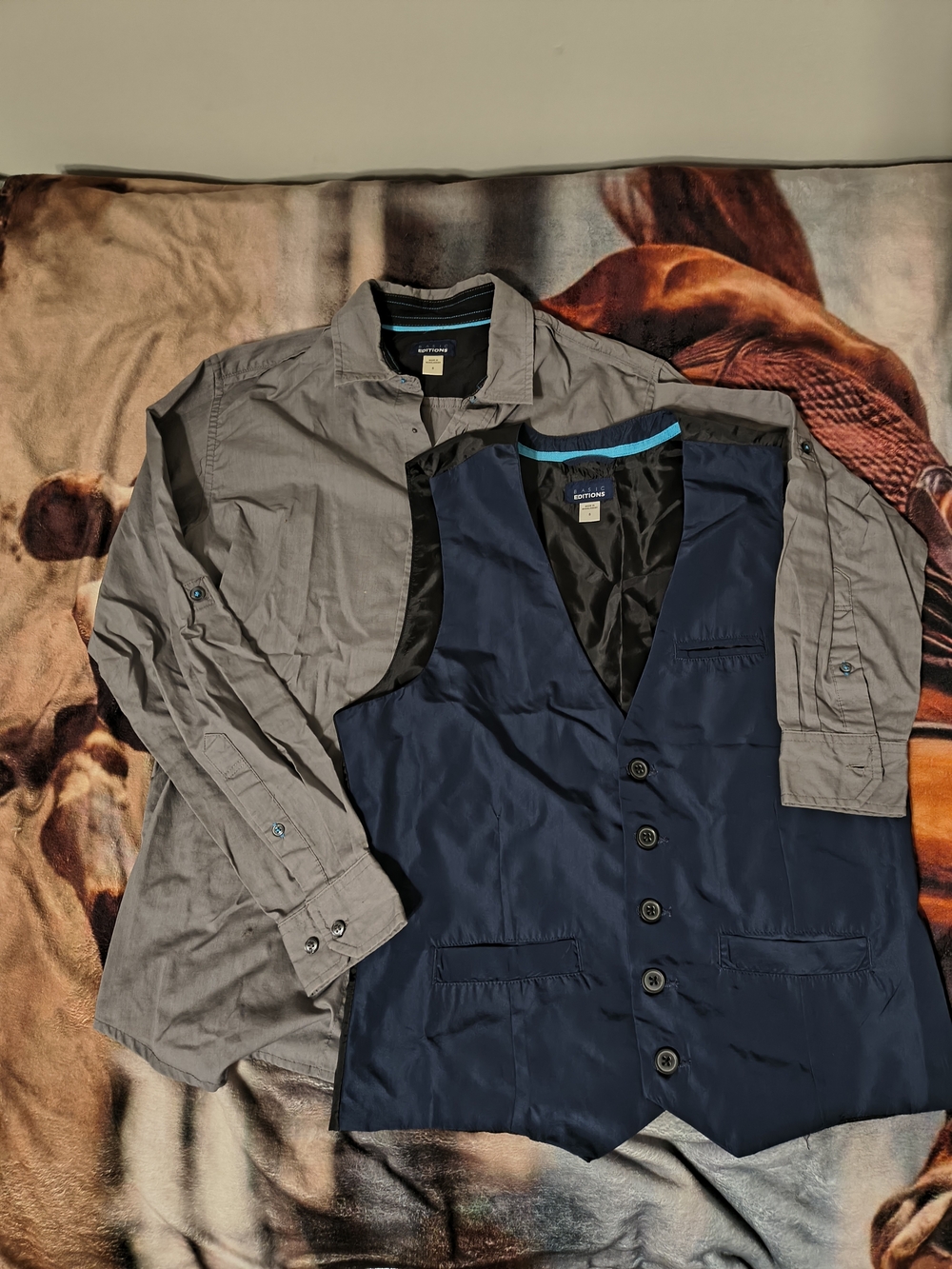 Basic Editions Navy Vest with Gray Button-Up Shirt Set